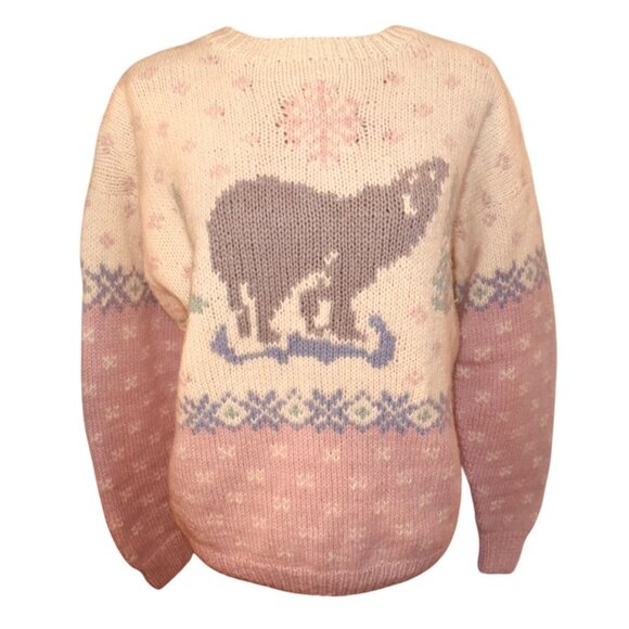 Vintage 90s Y2k Eddie Bauer Heavy Chunky Knit Wool Sweater Pastel Bear M Cottage - Picture 1 of 9